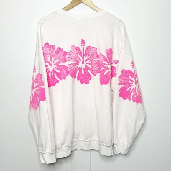 Free People x Tricia Fix Hibiscus Crew Sweatshirt Large hot pink floral Hawaiian - Picture 5 of 9